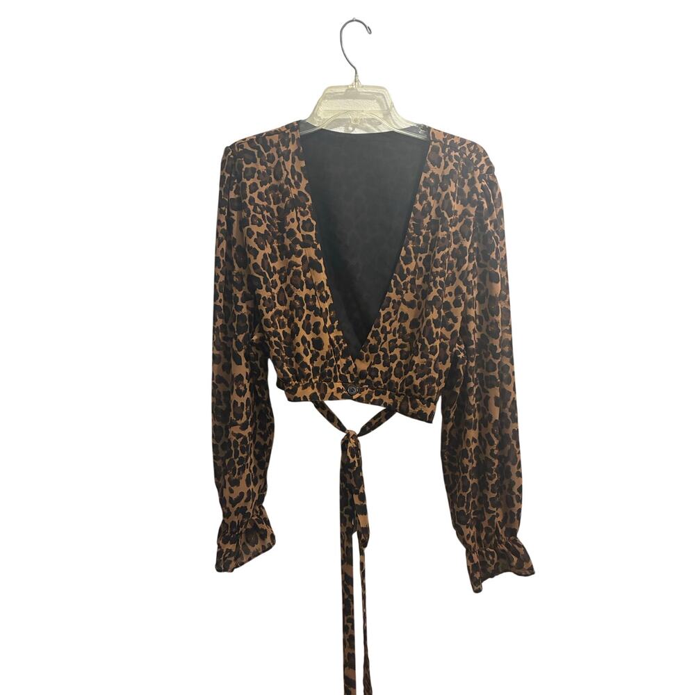 SHEIN Curve Leopard Print Long Sleeve Crop Top Blouse Plus Size 4X Tie Waist